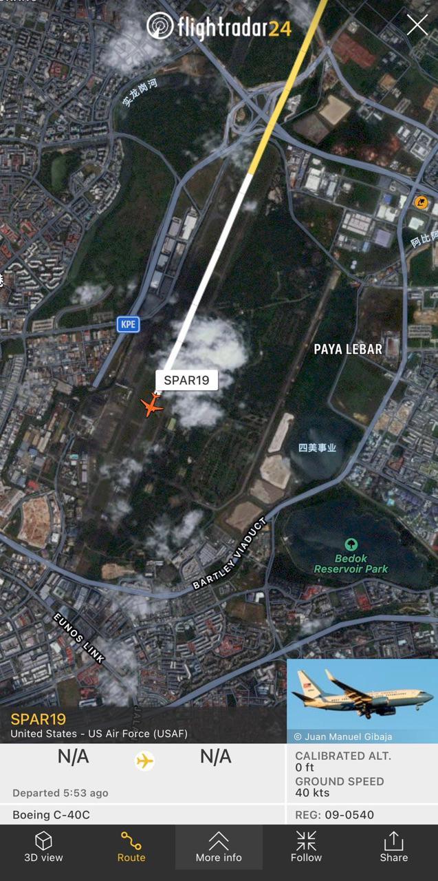 外国飞行航班信息平台：“佩洛西专机”已抵达新加坡巴耶利峇空军