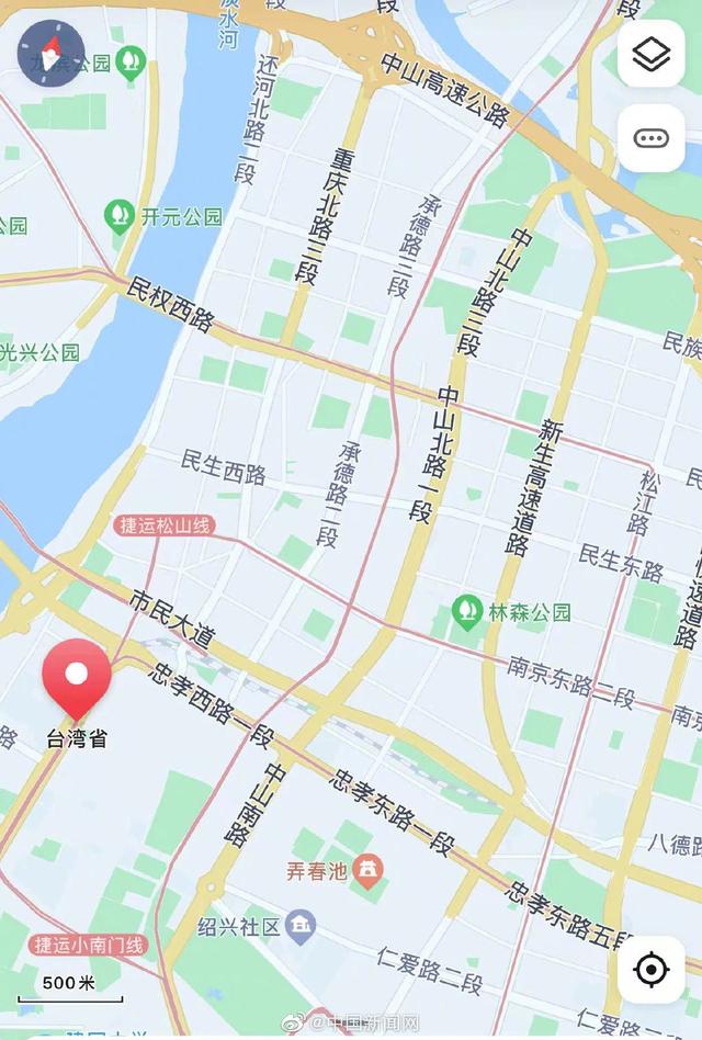 地图软件已经可以显示台湾省每个街道，不少街道用大陆城市命名